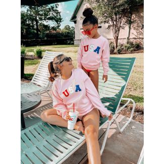USA Pink Chenille Mommy and Me Matching Sweatshirts